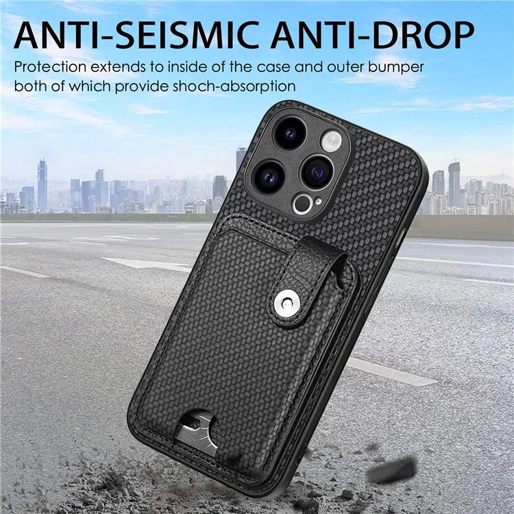 C1-06 For iPhone 15 Pro Max Card Slots Carbon Fiber Texture Phone Cover with Card Knife Tool