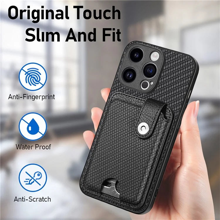 C1-06 For iPhone 15 Pro Max Card Slots Carbon Fiber Texture Phone Cover with Card Knife Tool