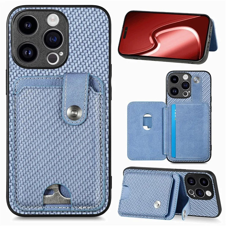 C1-06 For iPhone 15 Pro Max Card Slots Carbon Fiber Texture Phone Cover with Card Knife Tool
