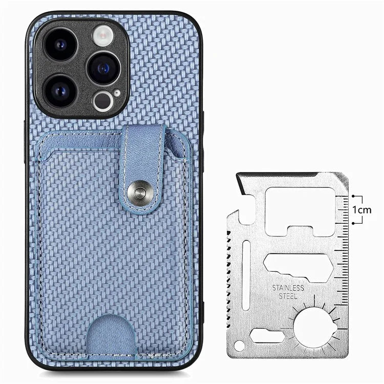 C1-06 For iPhone 15 Pro Max Card Slots Carbon Fiber Texture Phone Cover with Card Knife Tool