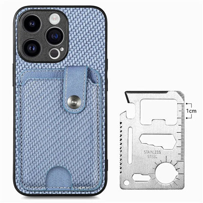 C1-06 For iPhone 15 Pro Max Card Slots Carbon Fiber Texture Phone Cover with Card Knife Tool