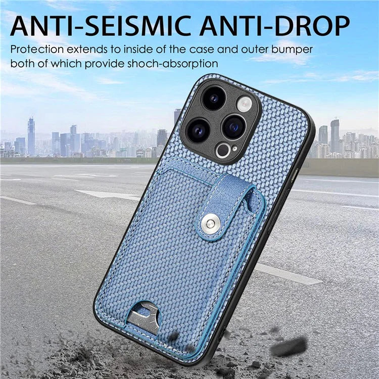 C1-06 For iPhone 15 Pro Max Card Slots Carbon Fiber Texture Phone Cover with Card Knife Tool