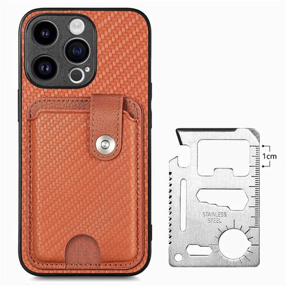 C1-06 For iPhone 15 Pro Max Card Slots Carbon Fiber Texture Phone Cover with Card Knife Tool
