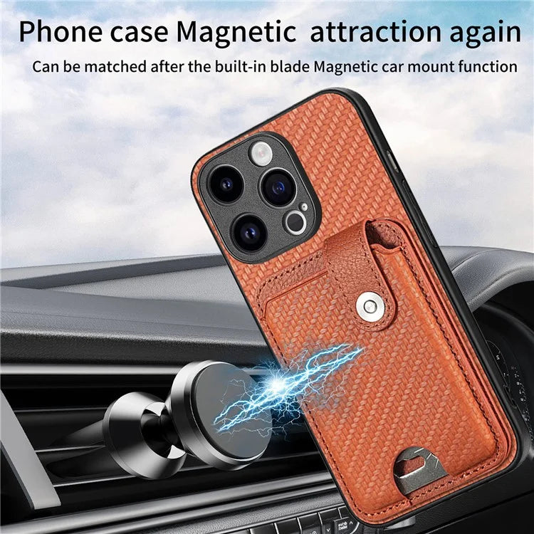 C1-06 For iPhone 15 Pro Max Card Slots Carbon Fiber Texture Phone Cover with Card Knife Tool