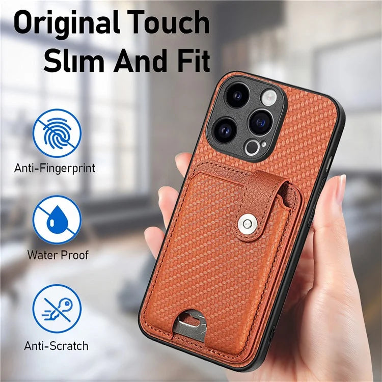 C1-06 For iPhone 15 Pro Max Card Slots Carbon Fiber Texture Phone Cover with Card Knife Tool