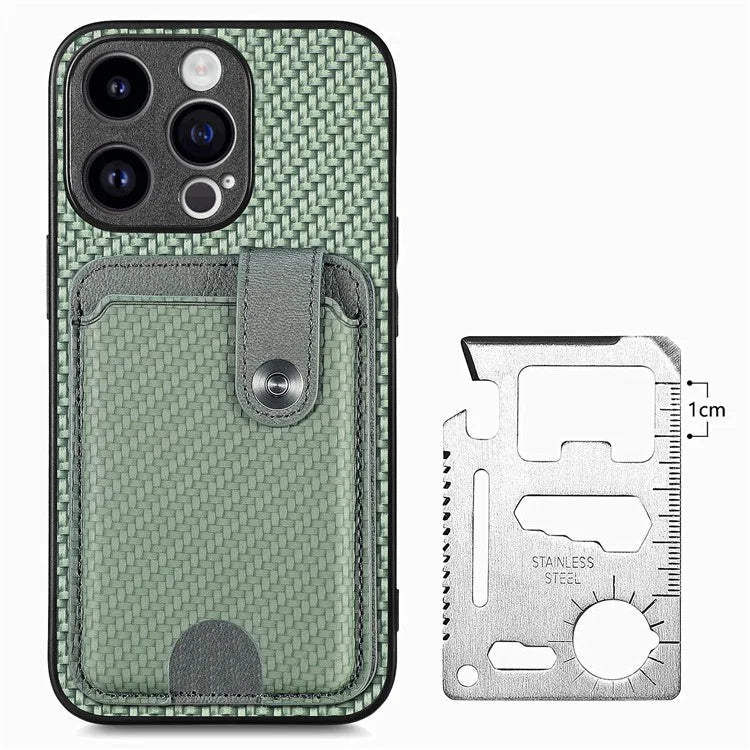 C1-06 For iPhone 15 Pro Max Card Slots Carbon Fiber Texture Phone Cover with Card Knife Tool