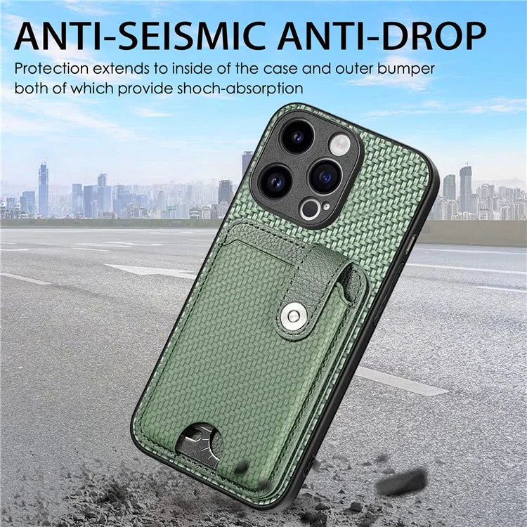 C1-06 For iPhone 15 Pro Max Card Slots Carbon Fiber Texture Phone Cover with Card Knife Tool