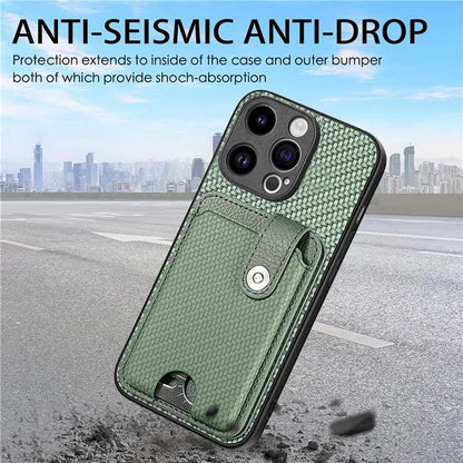 C1-06 For iPhone 15 Pro Max Card Slots Carbon Fiber Texture Phone Cover with Card Knife Tool