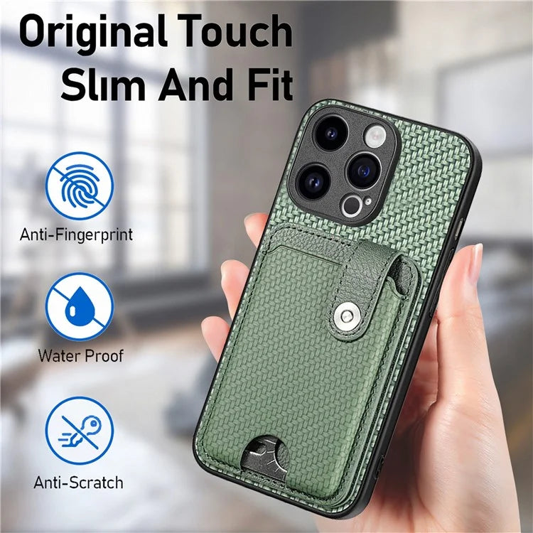C1-06 For iPhone 15 Pro Max Card Slots Carbon Fiber Texture Phone Cover with Card Knife Tool