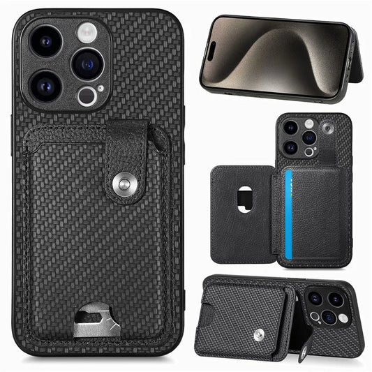 C1-06 For iPhone 15 Pro Carbon Fiber Texture Case Mobile Phone Back Cover with Card Knife Tool