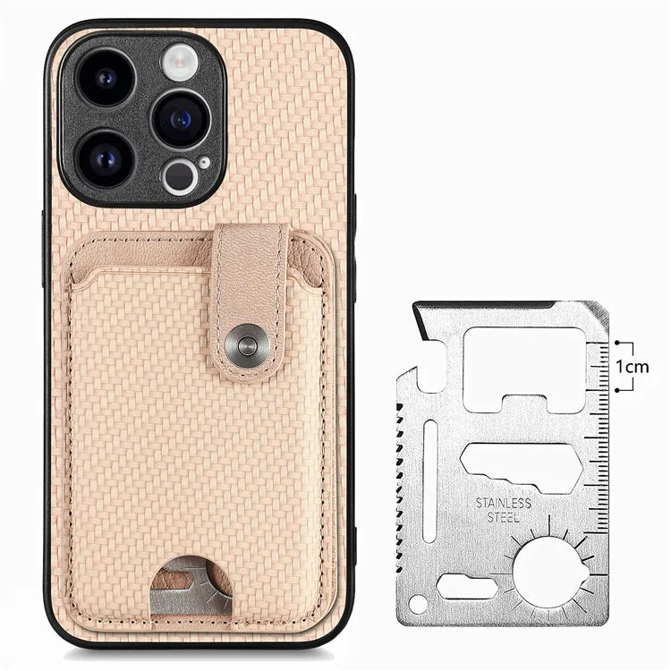 C1-06 For iPhone 15 Pro Carbon Fiber Texture Case Mobile Phone Back Cover with Card Knife Tool