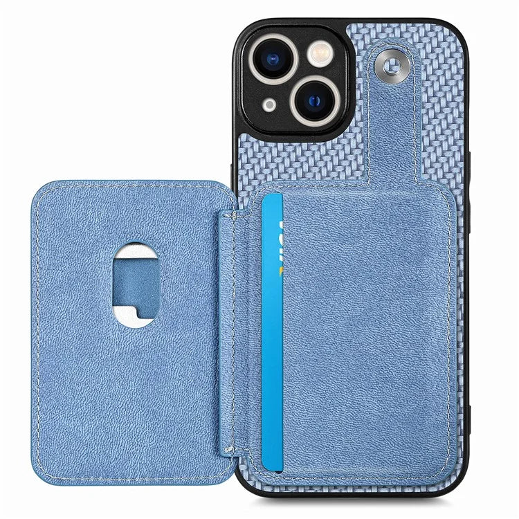 C1-06 For iPhone 15 Plus Carbon Fiber Texture Case Bump Proof Phone Cover with Card Knife Tool