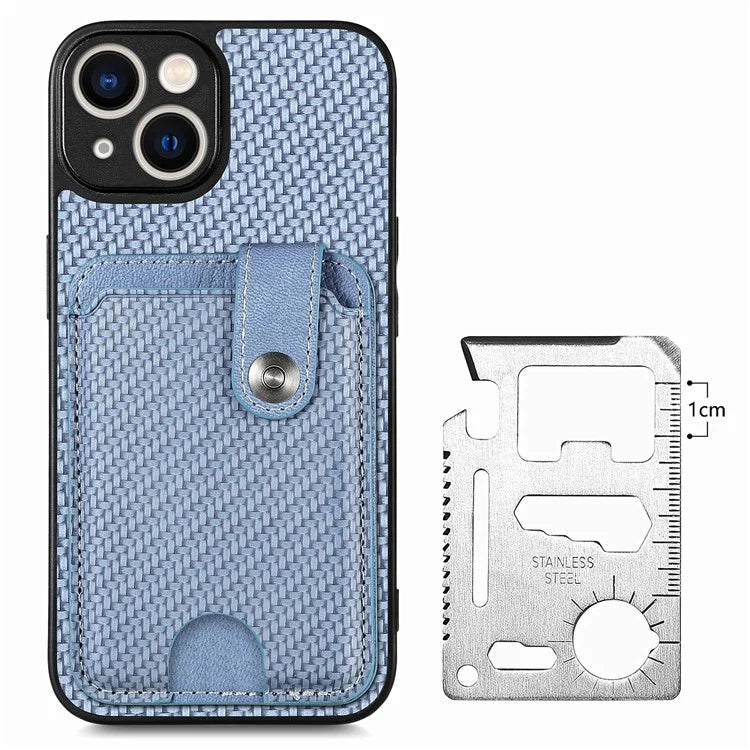 C1-06 For iPhone 15 Plus Carbon Fiber Texture Case Bump Proof Phone Cover with Card Knife Tool