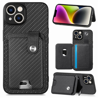 C1-06 For iPhone 15 Plus Carbon Fiber Texture Case Bump Proof Phone Cover with Card Knife Tool