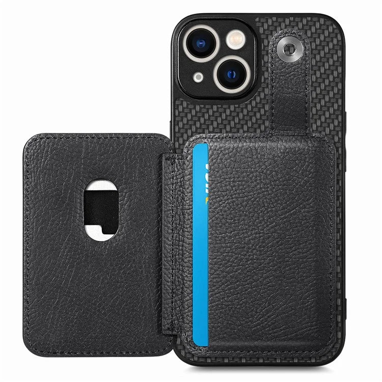C1-06 For iPhone 15 Plus Carbon Fiber Texture Case Bump Proof Phone Cover with Card Knife Tool