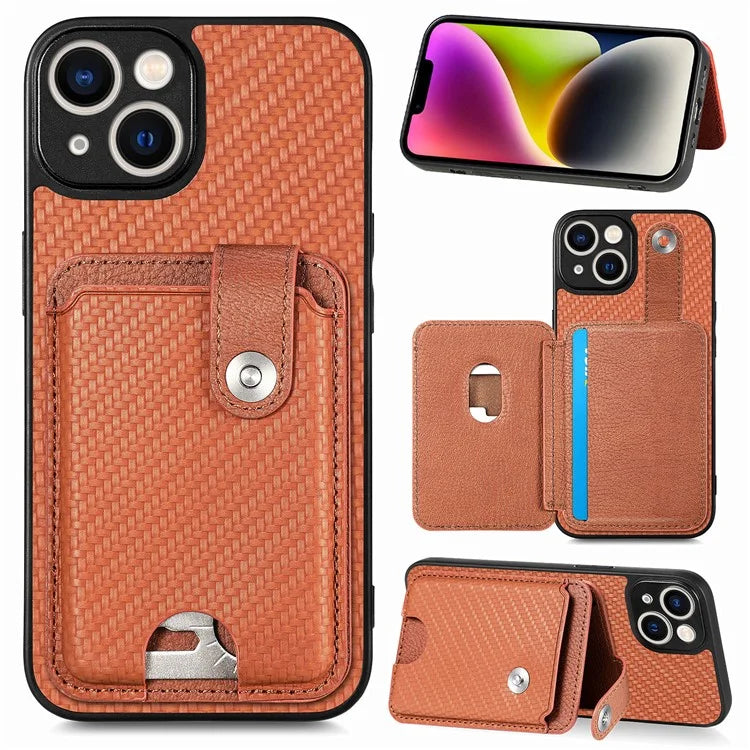 C1-06 For iPhone 15 Plus Carbon Fiber Texture Case Bump Proof Phone Cover with Card Knife Tool