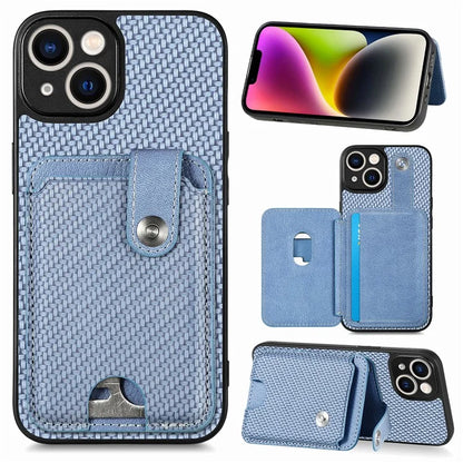 C1-06 For iPhone 15 Carbon Fiber Texture Case Phone Kickstand Cover with Card Knife Tool
