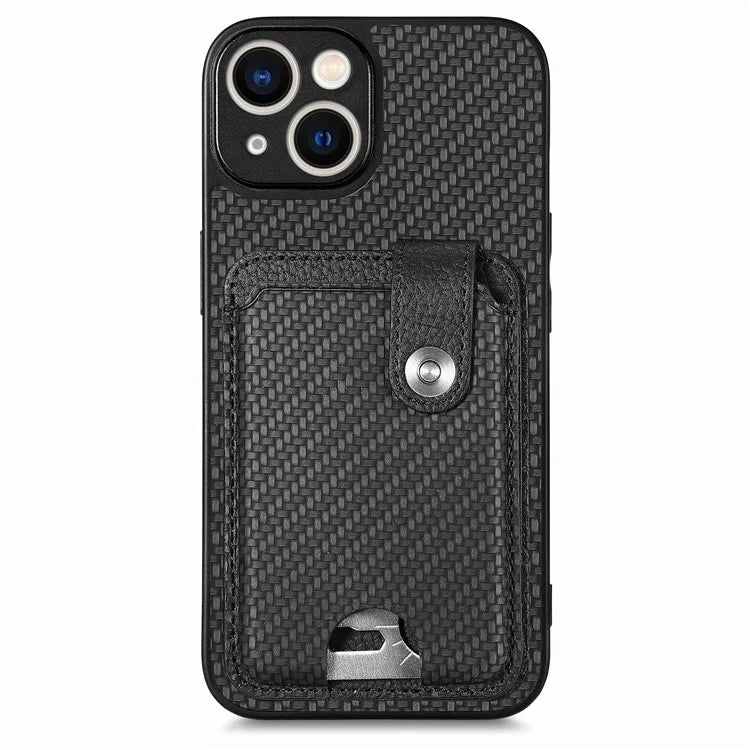 C1-06 For iPhone 15 Carbon Fiber Texture Case Phone Kickstand Cover with Card Knife Tool