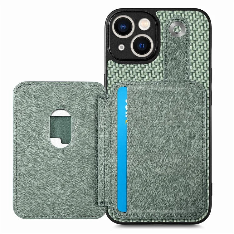 C1-06 For iPhone 15 Carbon Fiber Texture Case Phone Kickstand Cover with Card Knife Tool