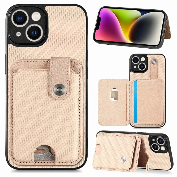 C1-06 For iPhone 15 Carbon Fiber Texture Case Phone Kickstand Cover with Card Knife Tool