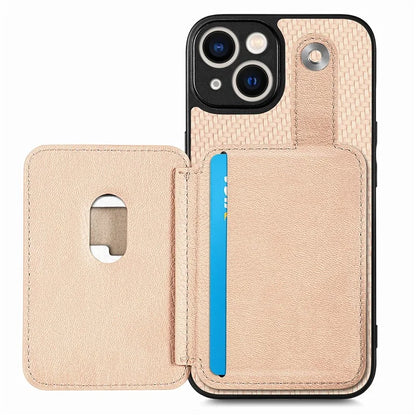 C1-06 For iPhone 15 Carbon Fiber Texture Case Phone Kickstand Cover with Card Knife Tool