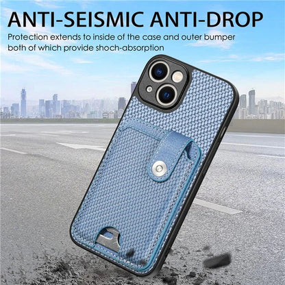 C1-06 For iPhone 15 Carbon Fiber Texture Case Phone Kickstand Cover with Card Knife Tool