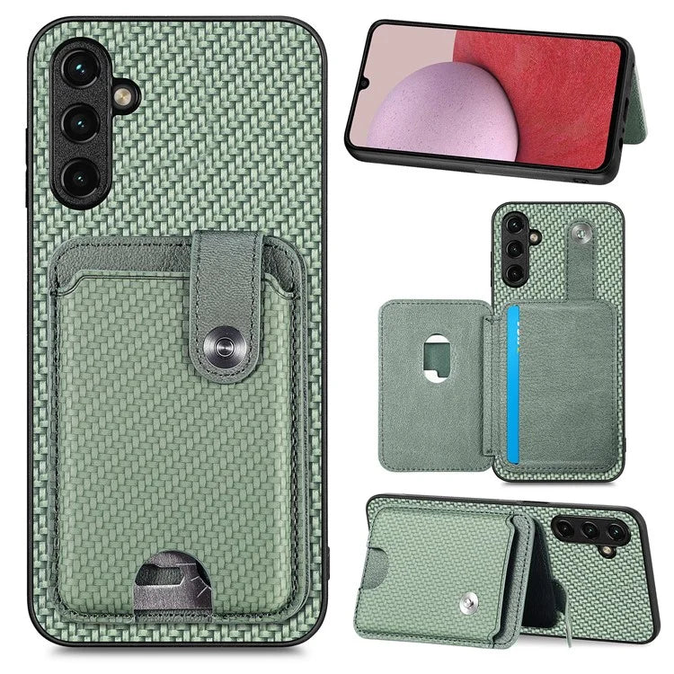 C1-06 For Samsung Galaxy A14 4G / 5G Case Carbon Fiber Texture Leather Phone Back Cover with Card Knife Tool