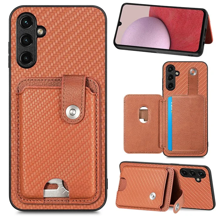 C1-06 For Samsung Galaxy A14 4G / 5G Case Carbon Fiber Texture Leather Phone Back Cover with Card Knife Tool