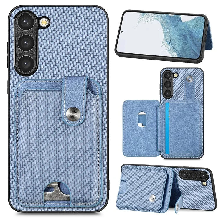 C1-06 For Samsung Galaxy S23+ Case Card Slots Leather Coated PC+TPU Cover with Card Knife Tool