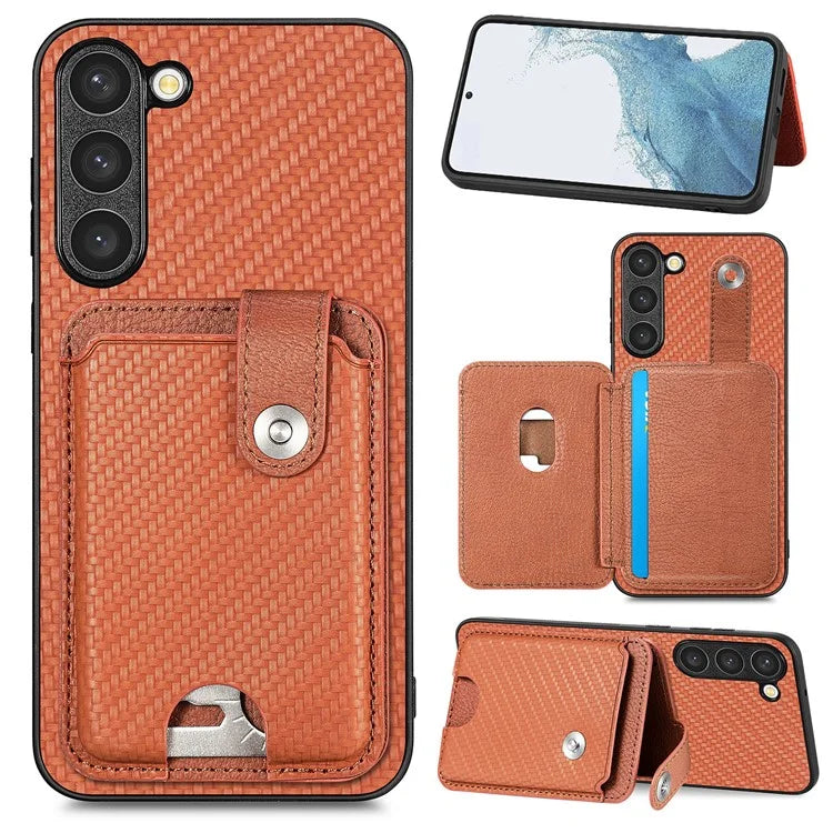 C1-06 For Samsung Galaxy S23+ Case Card Slots Leather Coated PC+TPU Cover with Card Knife Tool