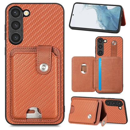 C1-06 For Samsung Galaxy S23+ Case Card Slots Leather Coated PC+TPU Cover with Card Knife Tool