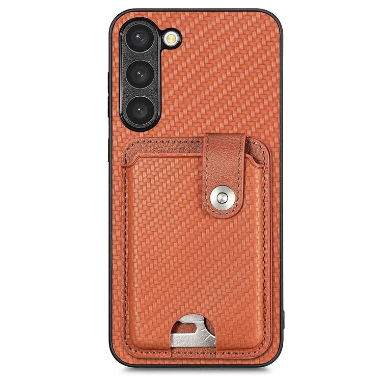 C1-06 For Samsung Galaxy S23+ Case Card Slots Leather Coated PC+TPU Cover with Card Knife Tool