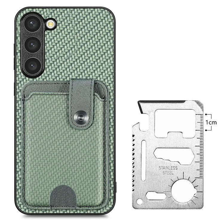 C1-06 For Samsung Galaxy S23+ Case Card Slots Leather Coated PC+TPU Cover with Card Knife Tool