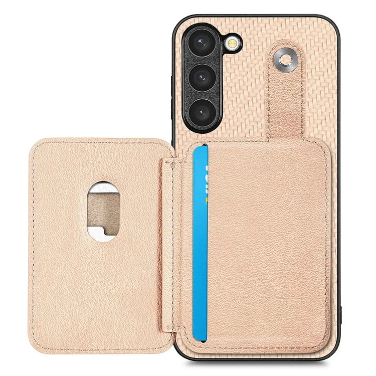 C1-06 For Samsung Galaxy S23+ Case Card Slots Leather Coated PC+TPU Cover with Card Knife Tool