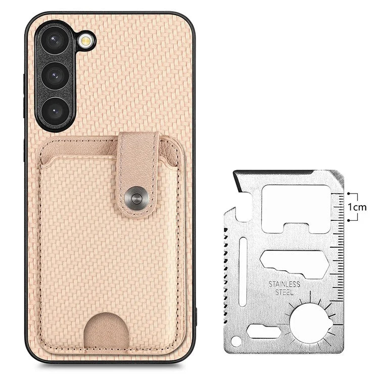 C1-06 For Samsung Galaxy S23+ Case Card Slots Leather Coated PC+TPU Cover with Card Knife Tool