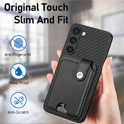 C1-06 For Samsung Galaxy S23+ Case Card Slots Leather Coated PC+TPU Cover with Card Knife Tool