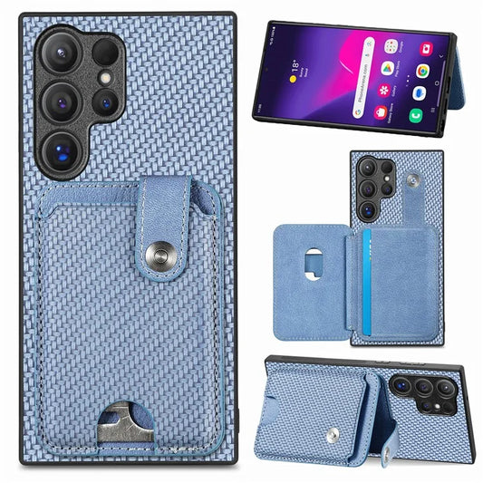 C1-06 For Samsung Galaxy S24 Ultra Case Leather Coated PC+TPU Card Slots Cover with Card Knife Blue