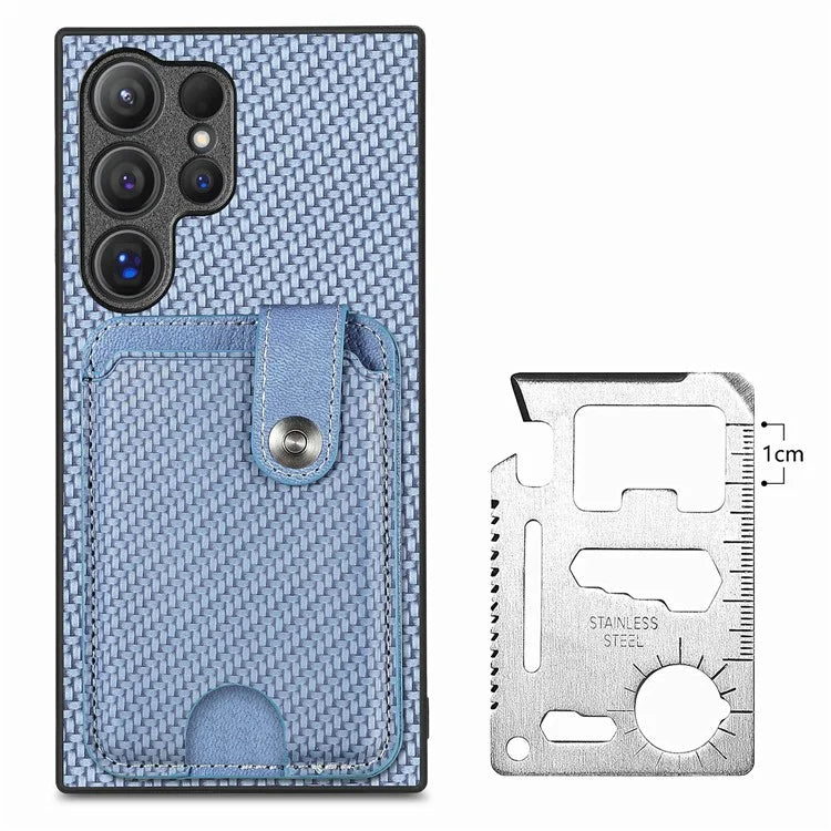 C1-06 For Samsung Galaxy S24 Ultra Case Leather Coated PC+TPU Card Slots Cover with Card Knife Blue