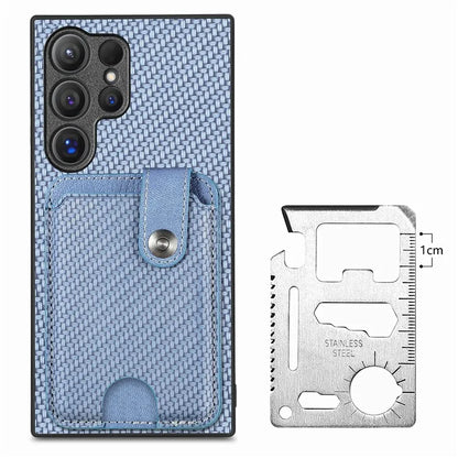 C1-06 For Samsung Galaxy S24 Ultra Case Leather Coated PC+TPU Card Slots Cover with Card Knife Blue
