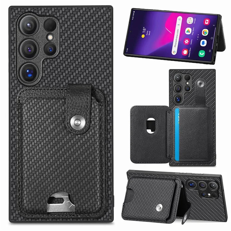 C1-06 For Samsung Galaxy S24 Ultra Case Leather Coated PC+TPU Card Slots Cover with Card Knife Black