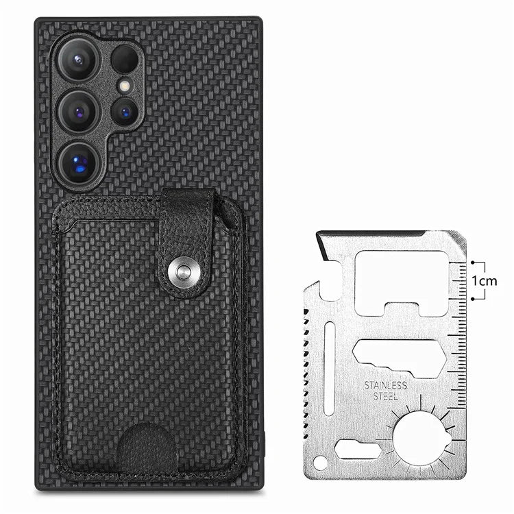 C1-06 For Samsung Galaxy S24 Ultra Case Leather Coated PC+TPU Card Slots Cover with Card Knife Black