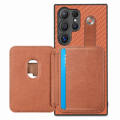 C1-06 For Samsung Galaxy S24 Ultra Case Leather Coated PC+TPU Card Slots Cover with Card Knife Brown