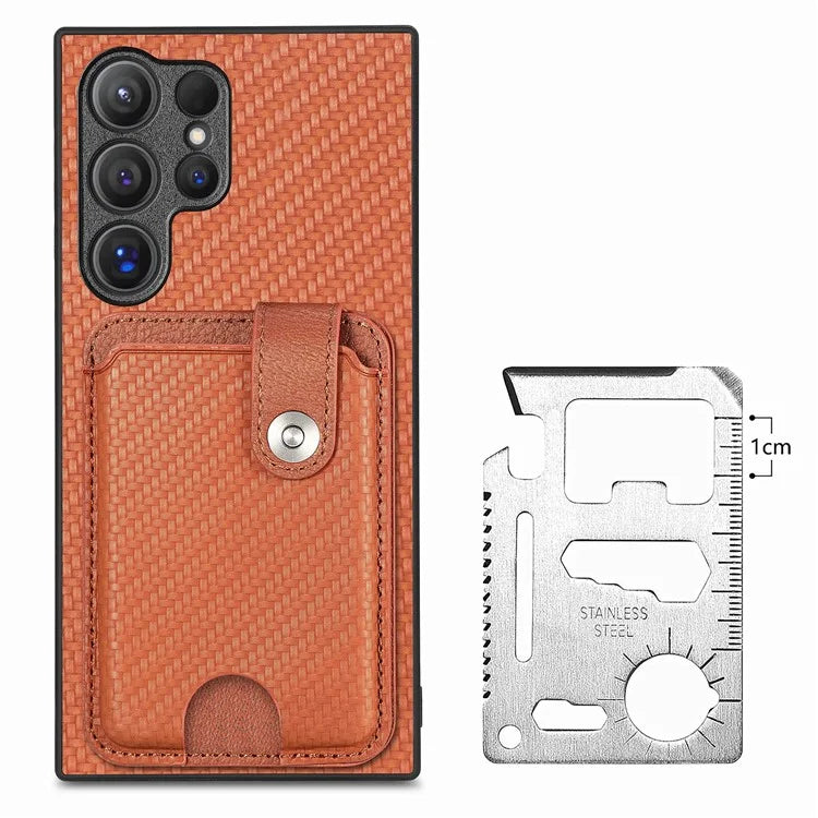 C1-06 For Samsung Galaxy S24 Ultra Case Leather Coated PC+TPU Card Slots Cover with Card Knife Brown