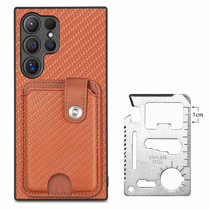 C1-06 For Samsung Galaxy S24 Ultra Case Leather Coated PC+TPU Card Slots Cover with Card Knife Brown