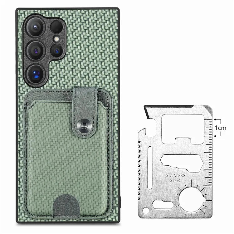 C1-06 For Samsung Galaxy S24 Ultra Case Leather Coated PC+TPU Card Slots Cover with Card Knife Green