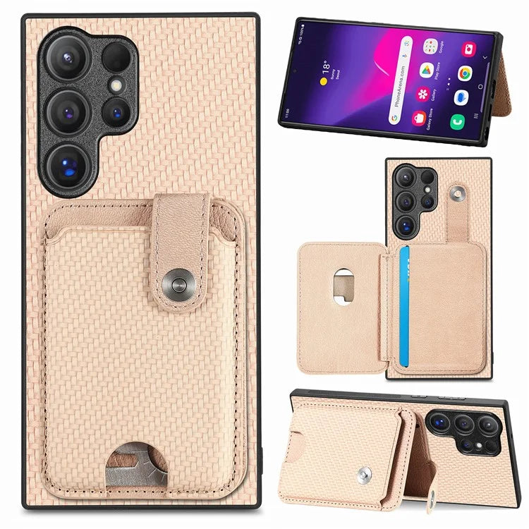 C1-06 For Samsung Galaxy S24 Ultra Case Leather Coated PC+TPU Card Slots Cover with Card Knife Khaki