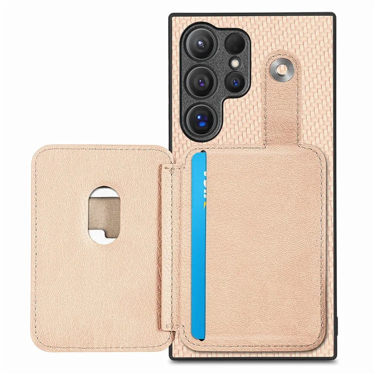 C1-06 For Samsung Galaxy S24 Ultra Case Leather Coated PC+TPU Card Slots Cover with Card Knife Khaki