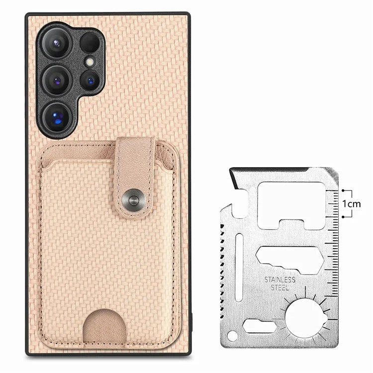 C1-06 For Samsung Galaxy S24 Ultra Case Leather Coated PC+TPU Card Slots Cover with Card Knife Khaki