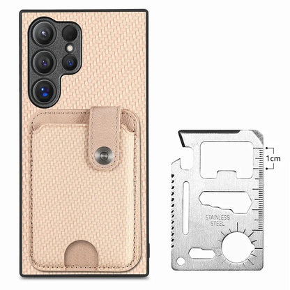 C1-06 For Samsung Galaxy S24 Ultra Case Leather Coated PC+TPU Card Slots Cover with Card Knife Khaki