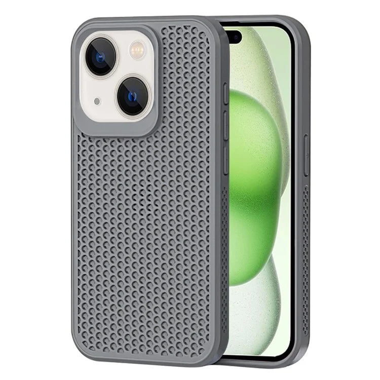 For iPhone 15 Plus Case Breathable Heat Dissipation Hollow PC+TPU Hybrid Phone Cover